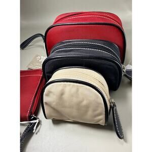 Loft brand nylon cosmetic and makeup zip cases in red, black, and tan/3 & wallet